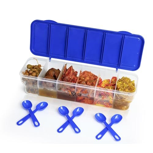Buy RILION Multipurpose 6-in-1 Masala Box for Kitchen| Airtight BPA-Free Plastic 6 Section Storage Container with 6 Spoons, 1800 ml Transparent Pickle Box for Spices| Dry Fruits, Snacks Pack Of 1 Blue Online at Low Prices in India - Amazon.in - Image 6