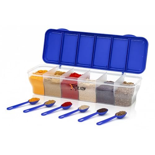 Buy RILION Multipurpose 6-in-1 Masala Box for Kitchen| Airtight BPA-Free Plastic 6 Section Storage Container with 6 Spoons, 1800 ml Transparent Pickle Box for Spices| Dry Fruits, Snacks Pack Of 1 Blue Online at Low Prices in India - Amazon.in