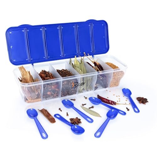 Buy RILION Multipurpose 6-in-1 Masala Box for Kitchen| Airtight BPA-Free Plastic 6 Section Storage Container with 6 Spoons, 1800 ml Transparent Pickle Box for Spices| Dry Fruits, Snacks Pack Of 1 Blue Online at Low Prices in India - Amazon.in - Image 3