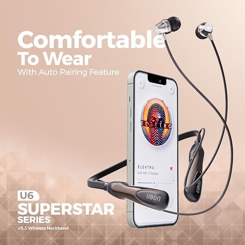 UBON U6 Series Wireless 30 Hrs Playback, Dual Pair, Fast Charge, Magnetic Buds, Bluetooth Neckband with Mic (Black) Amazon.in: Electronics - Image 5