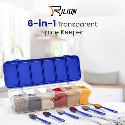 Buy RILION Multipurpose 6-in-1 Masala Box for Kitchen| Airtight BPA-Free Plastic 6 Section Storage Container with 6 Spoons, 1800 ml Transparent Pickle Box for Spices| Dry Fruits, Snacks Pack Of 1 Blue Online at Low Prices in India - Amazon.in - Image 4
